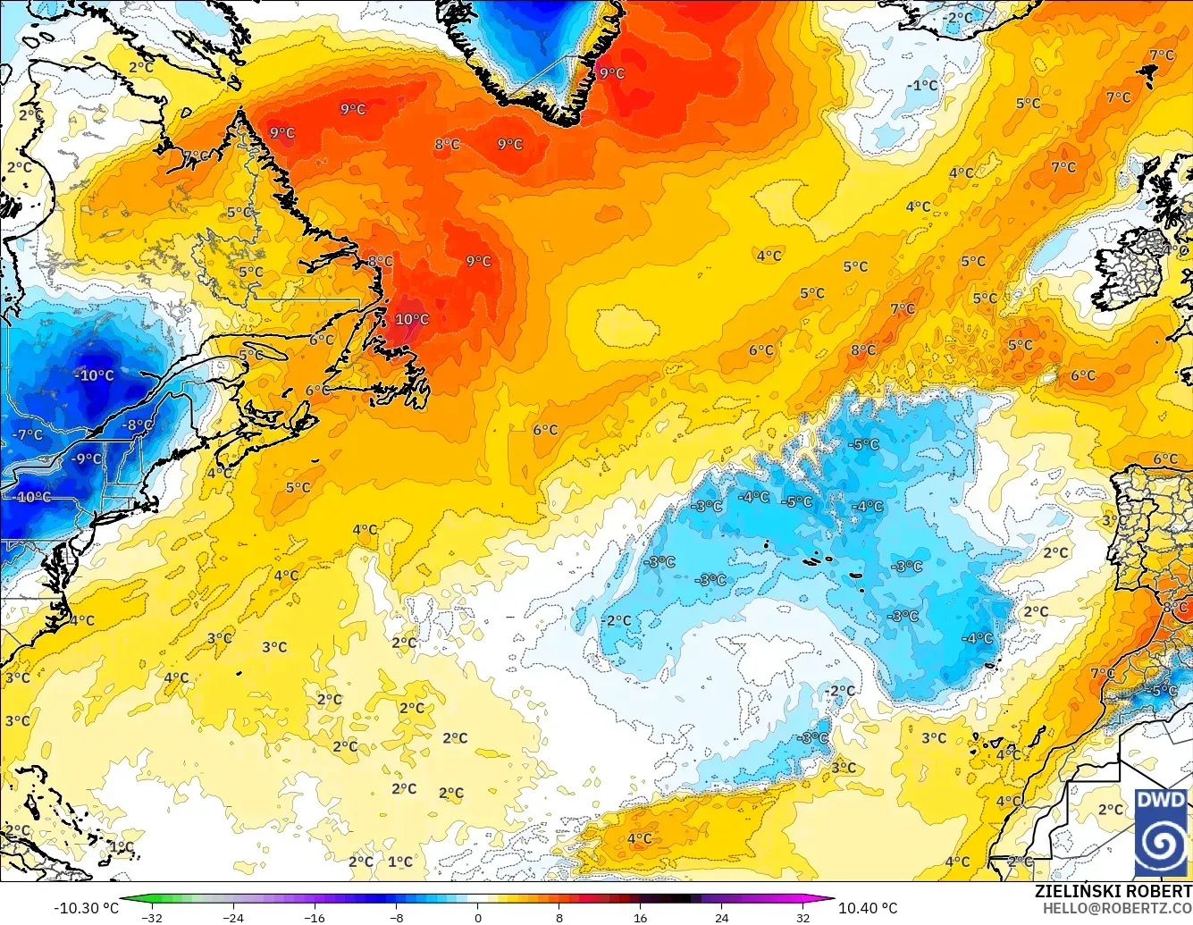 ICON modelo - Norte Atlántico, Anomalía de temperatura a 850 hPa