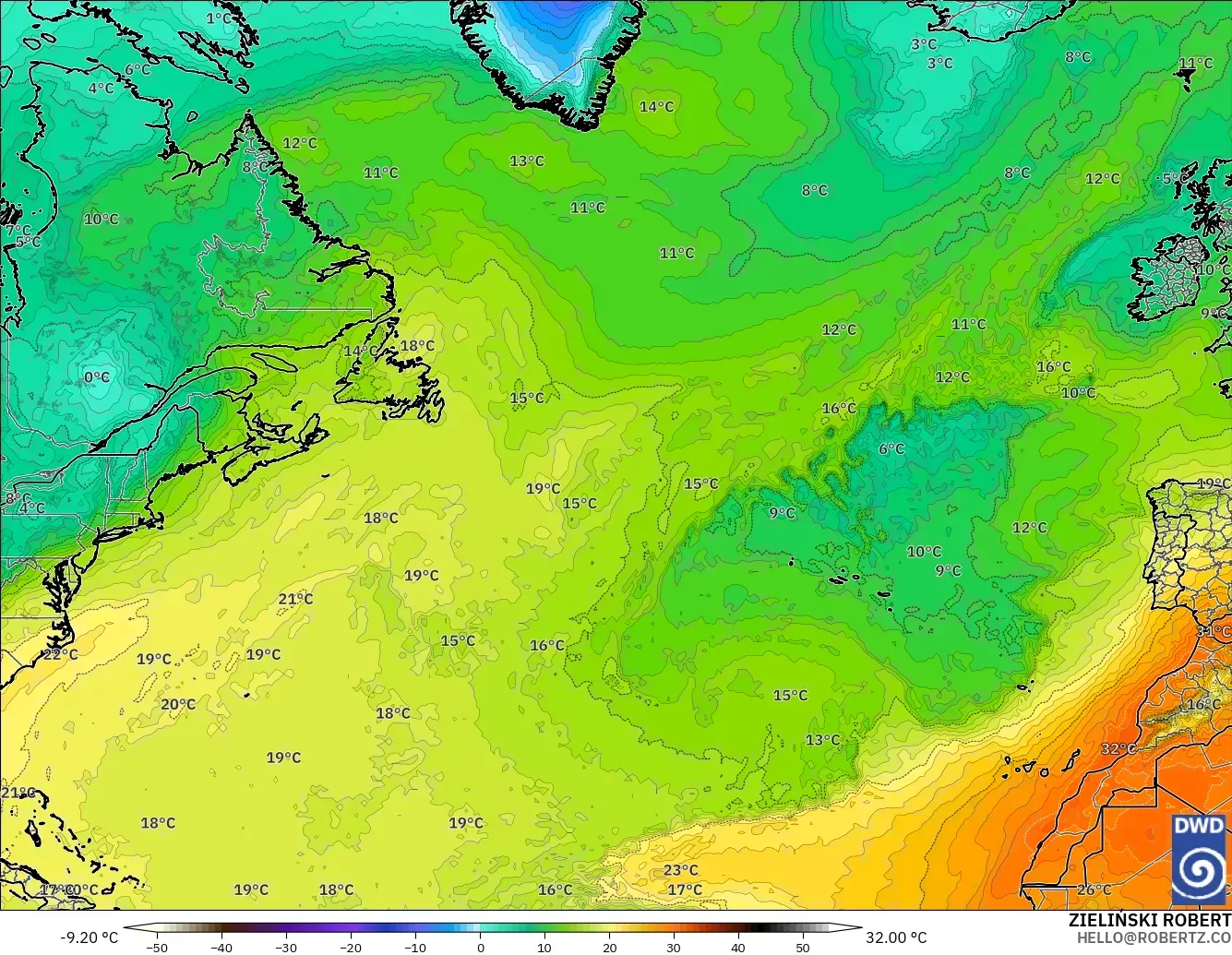 ICON modelo - Norte Atlántico, Temperatura a 850 hPa