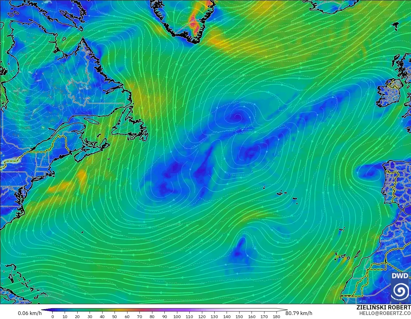 ICON modelo - Norte Atlántico, Viento a 10 m