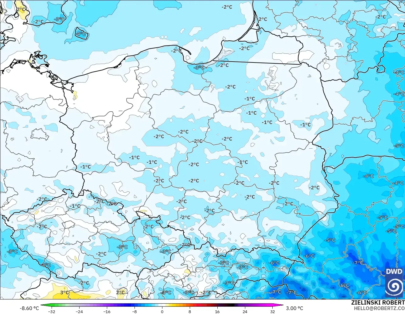 ICON modelo - Polonia, Anomalía de temperatura a 2 m