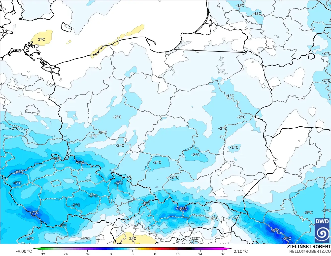 ICON modelo - Polonia, Anomalía de temperatura a 850 hPa