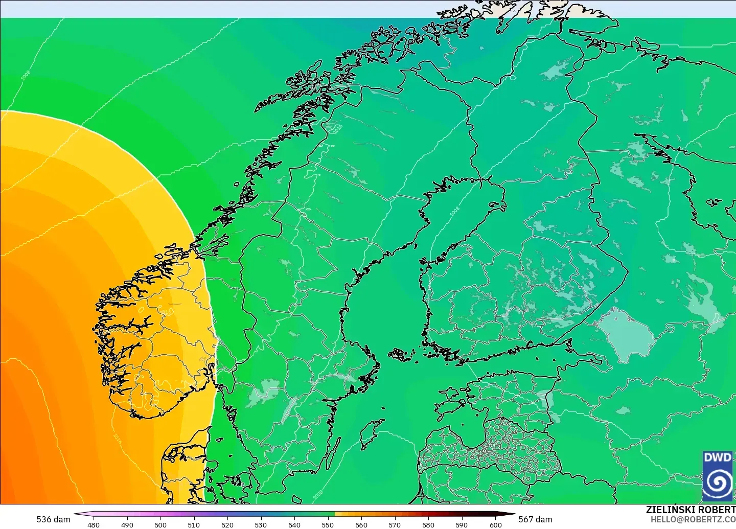 ICON modelo - Escandinavia, Altura geopotencial a 500 hPa