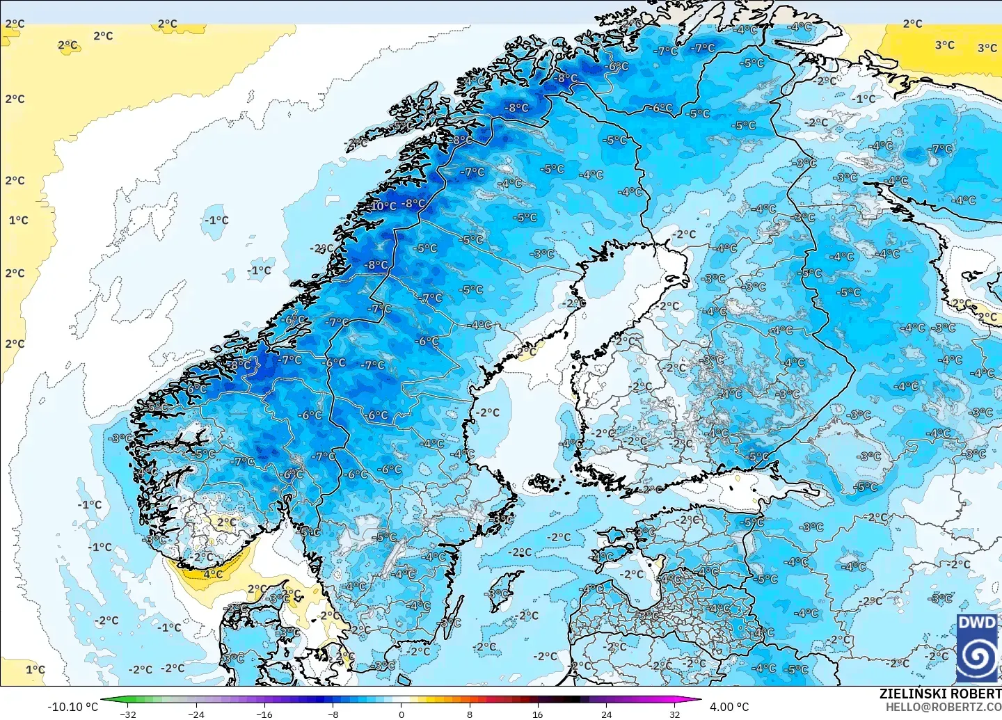 ICON modelo - Escandinavia, Anomalía de temperatura a 2 m