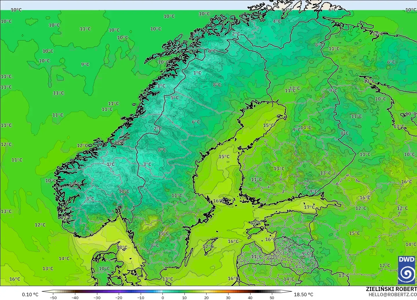 ICON modelo - Escandinavia, Temperatura a 2 m