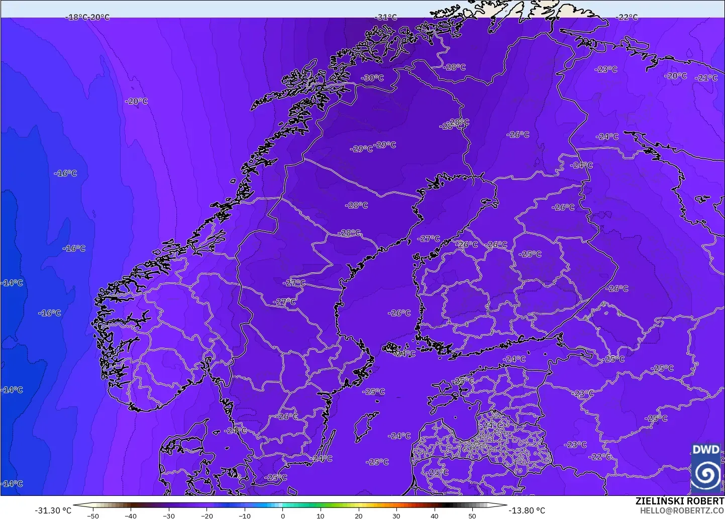 ICON modelo - Escandinavia, Temperatura a 500 hPa