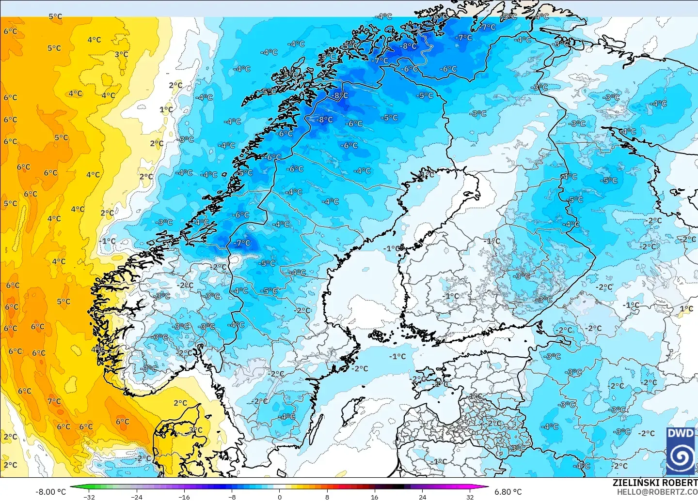 ICON modelo - Escandinavia, Anomalía de temperatura a 850 hPa