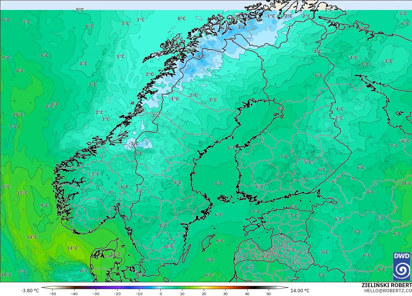 ICON modelo - Escandinavia, Temperatura a 850 hPa
