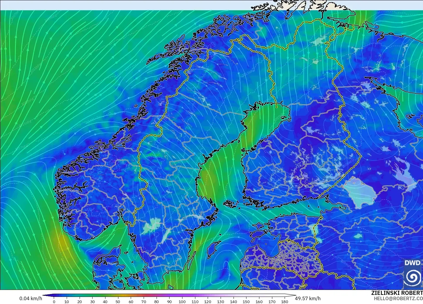 ICON modelo - Escandinavia, Viento a 10 m