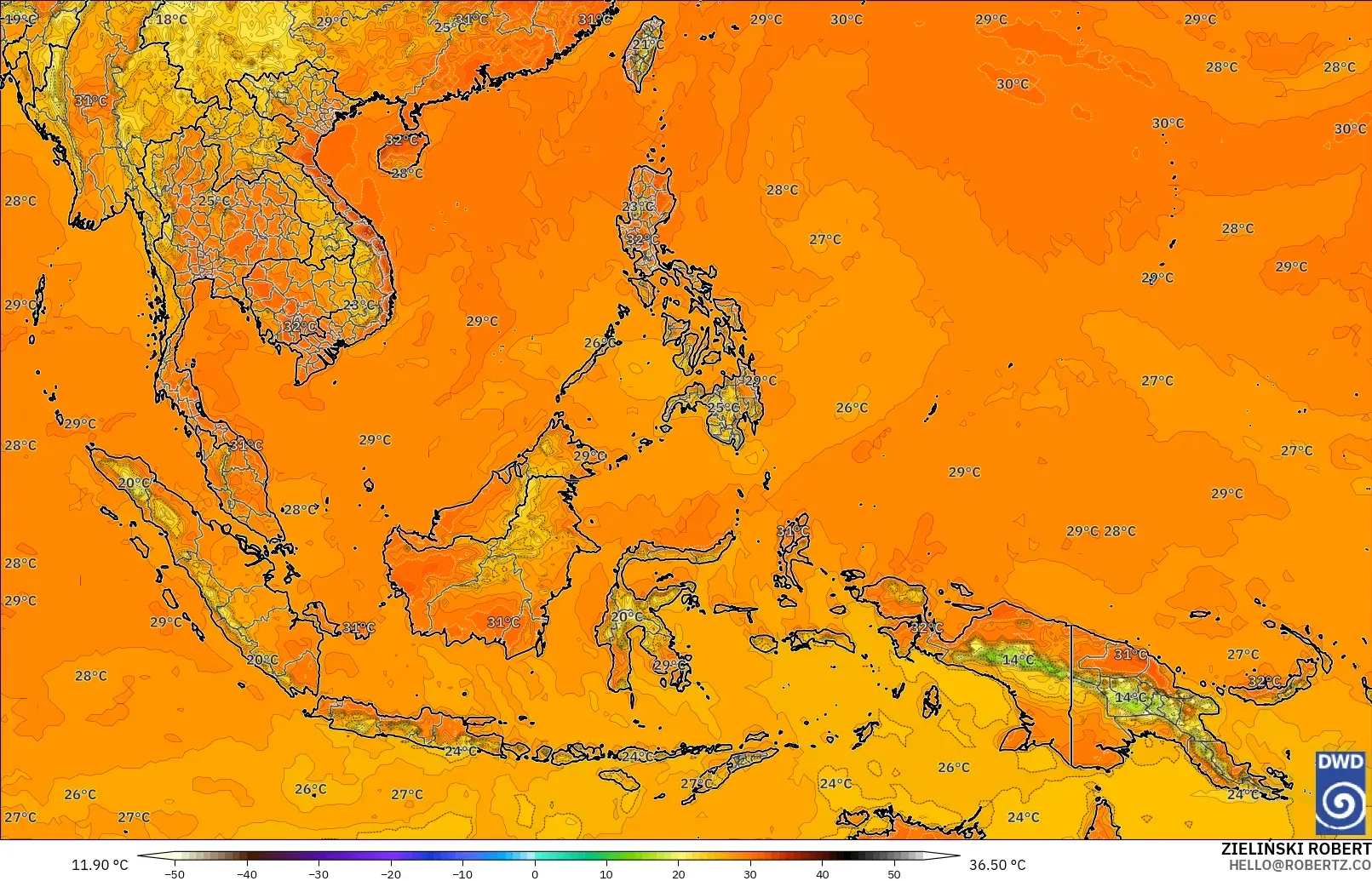 ICON modelo - Sudeste Asiático, Temperatura a 2 m