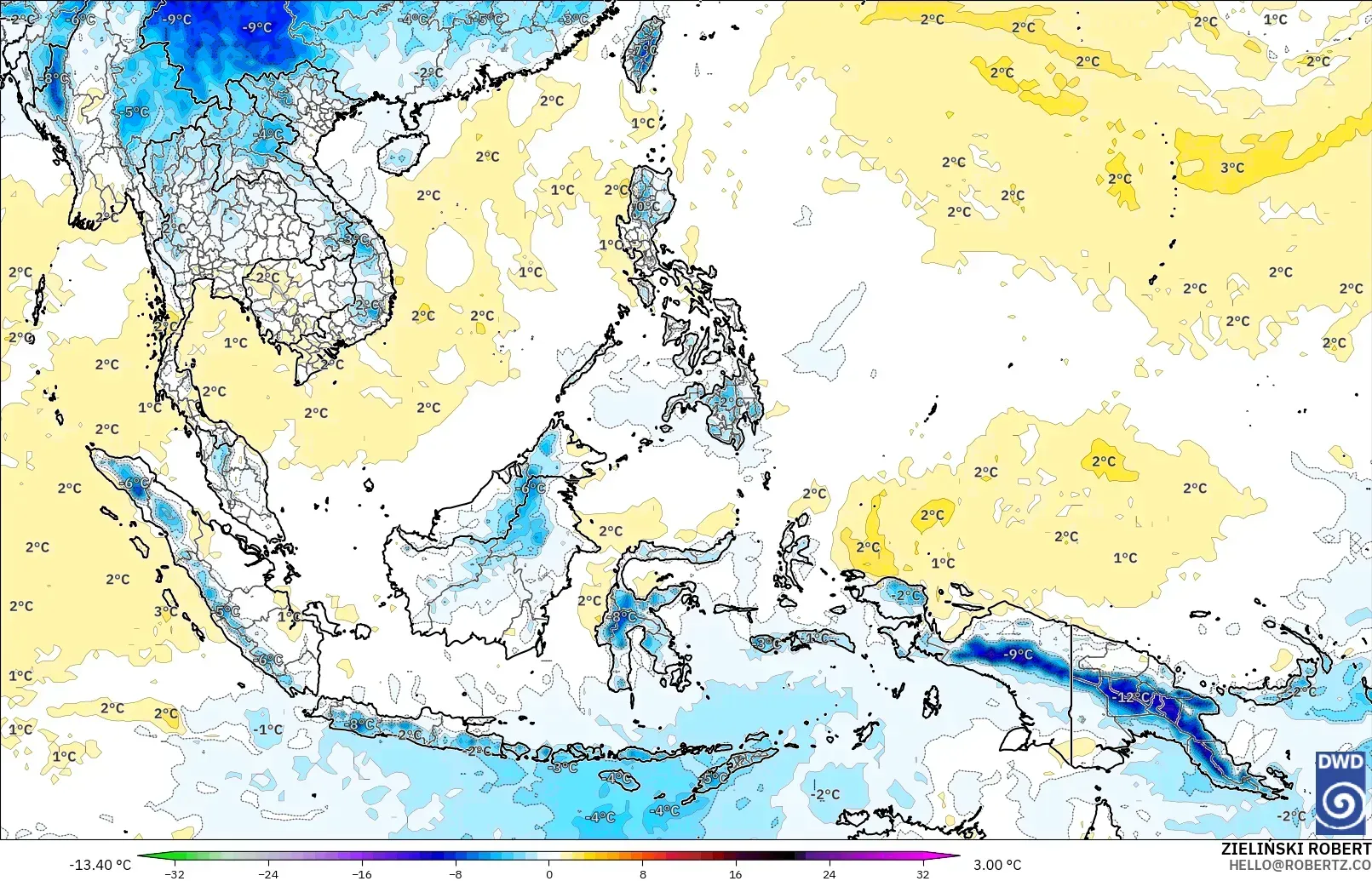 ICON modelo - Sudeste Asiático, Anomalía de temperatura a 850 hPa
