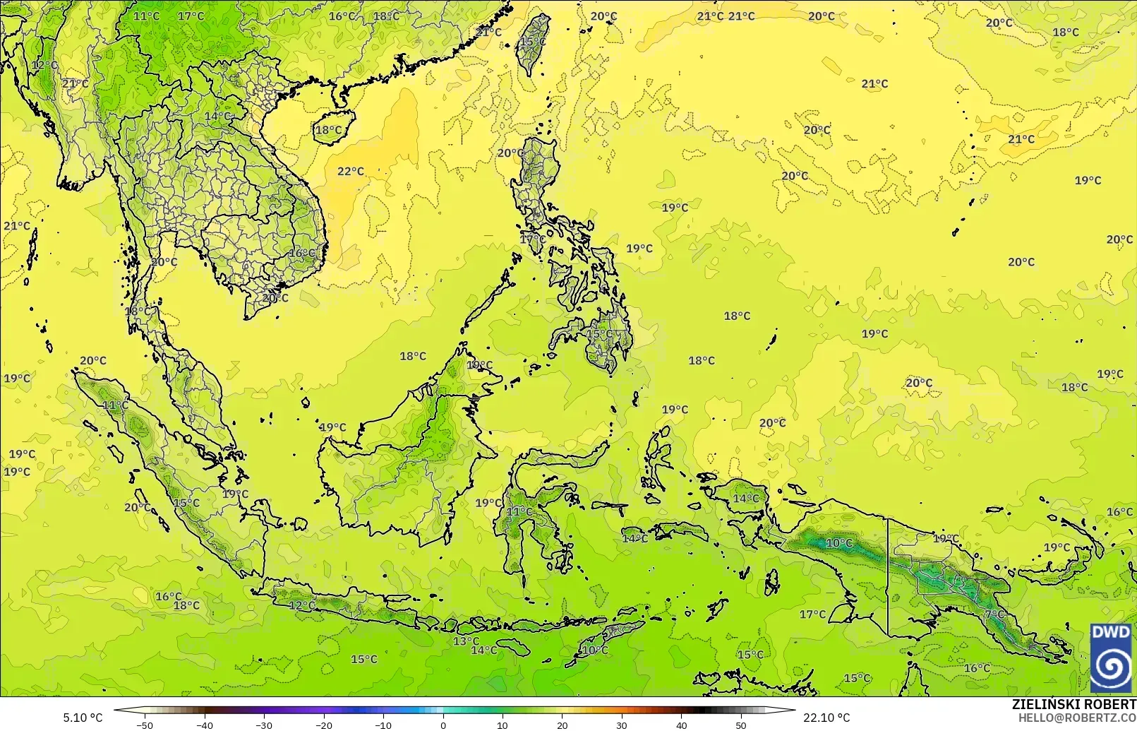 ICON modelo - Sudeste Asiático, Temperatura a 850 hPa