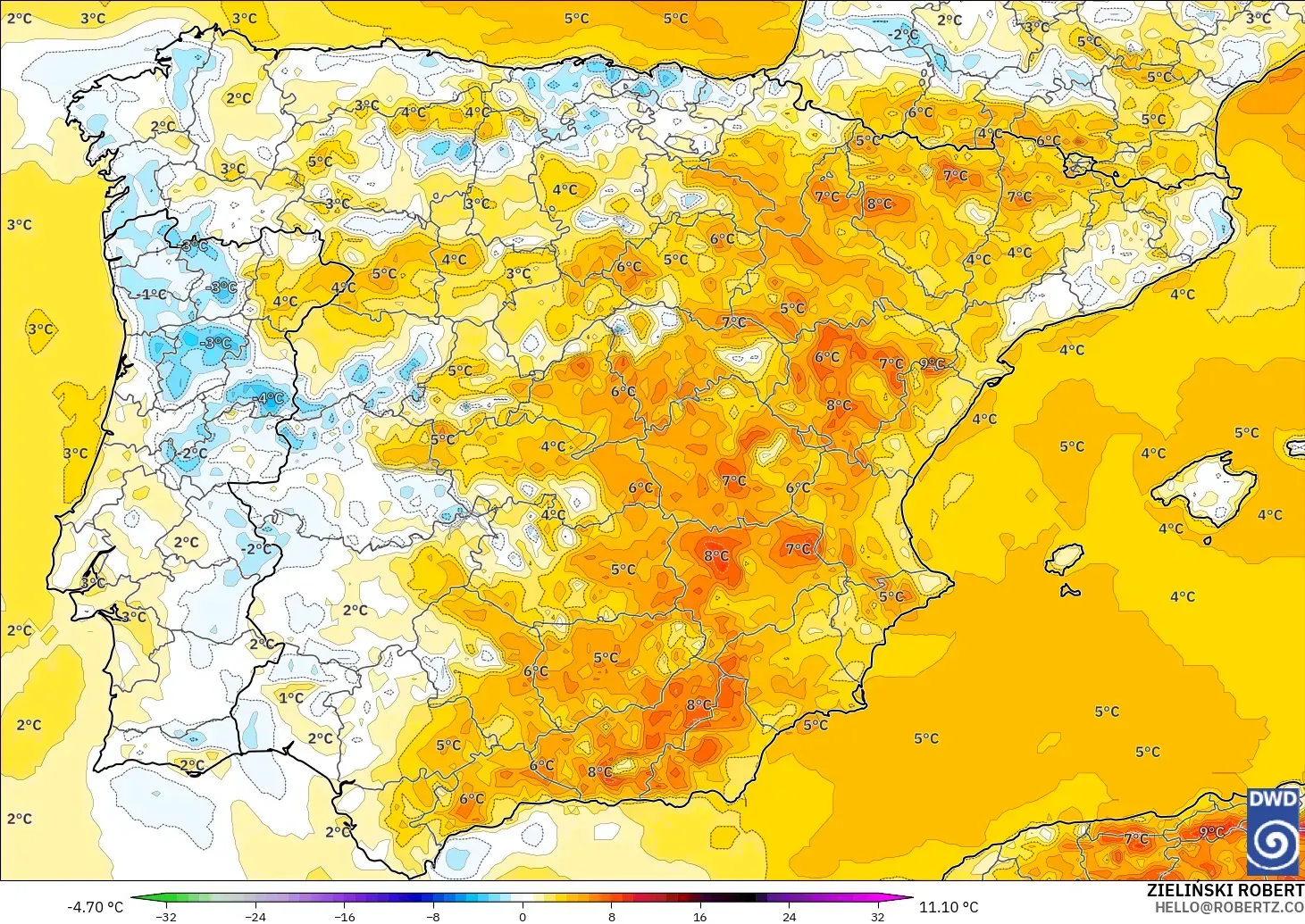 ICON modelo - España, Anomalía de temperatura a 2 m
