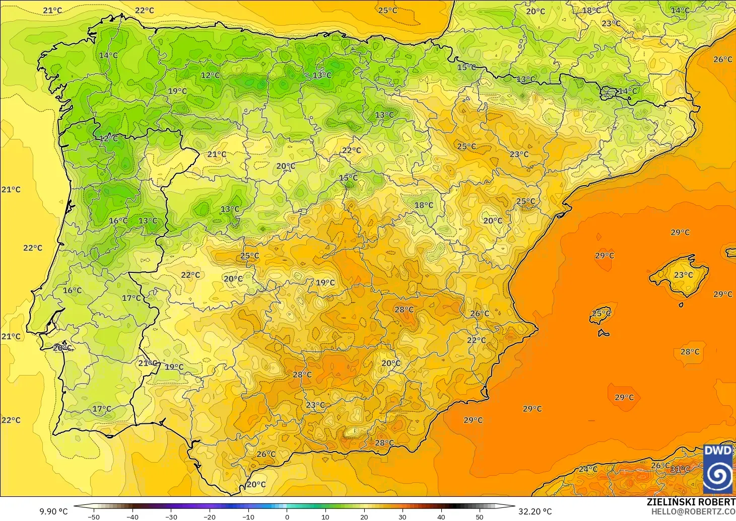 ICON modelo - España, Temperatura a 2 m