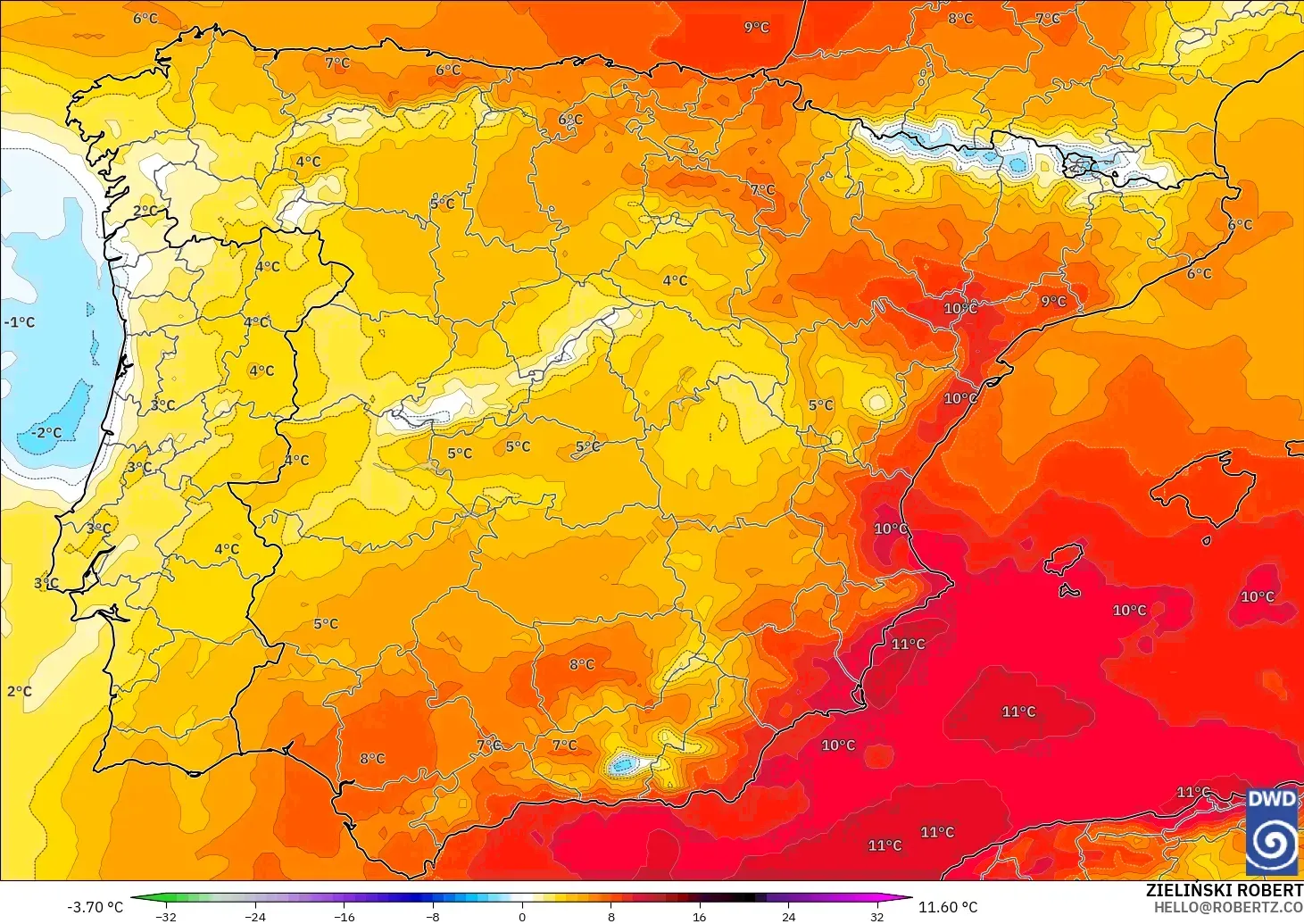 ICON modelo - España, Anomalía de temperatura a 850 hPa