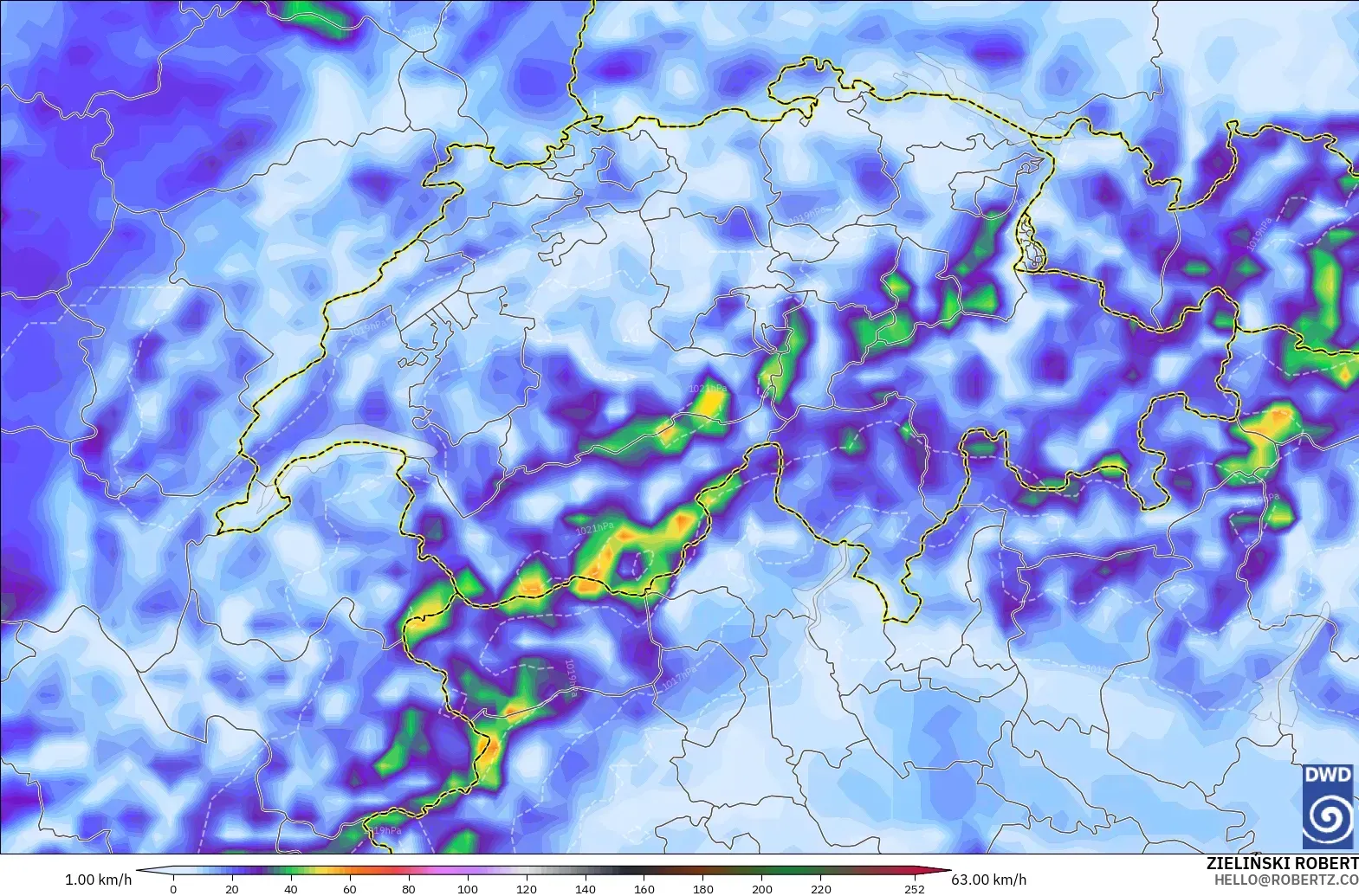 ICON modelo - Suiza, Ráfagas de viento