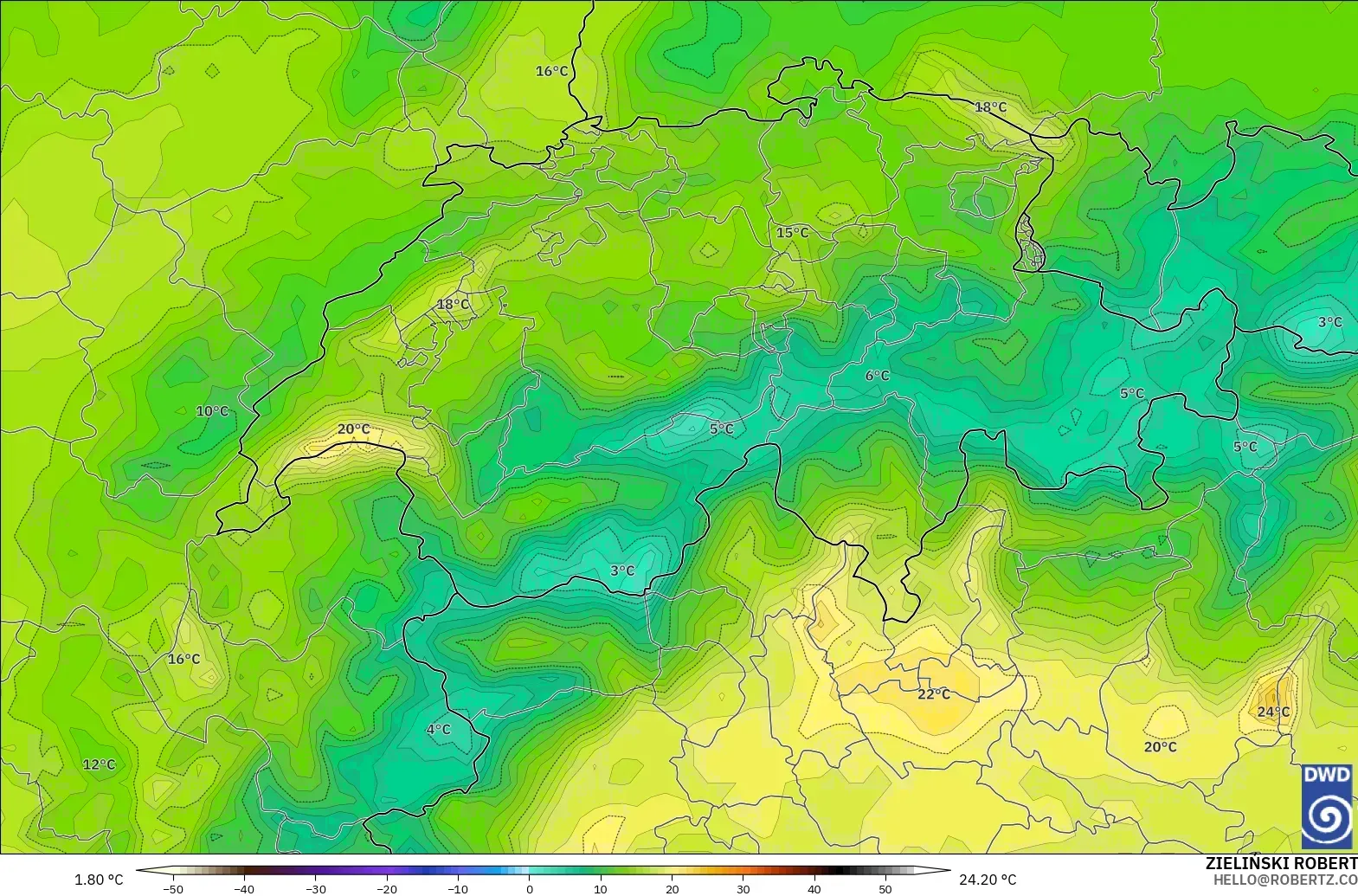 ICON modelo - Suiza, Temperatura a 2 m