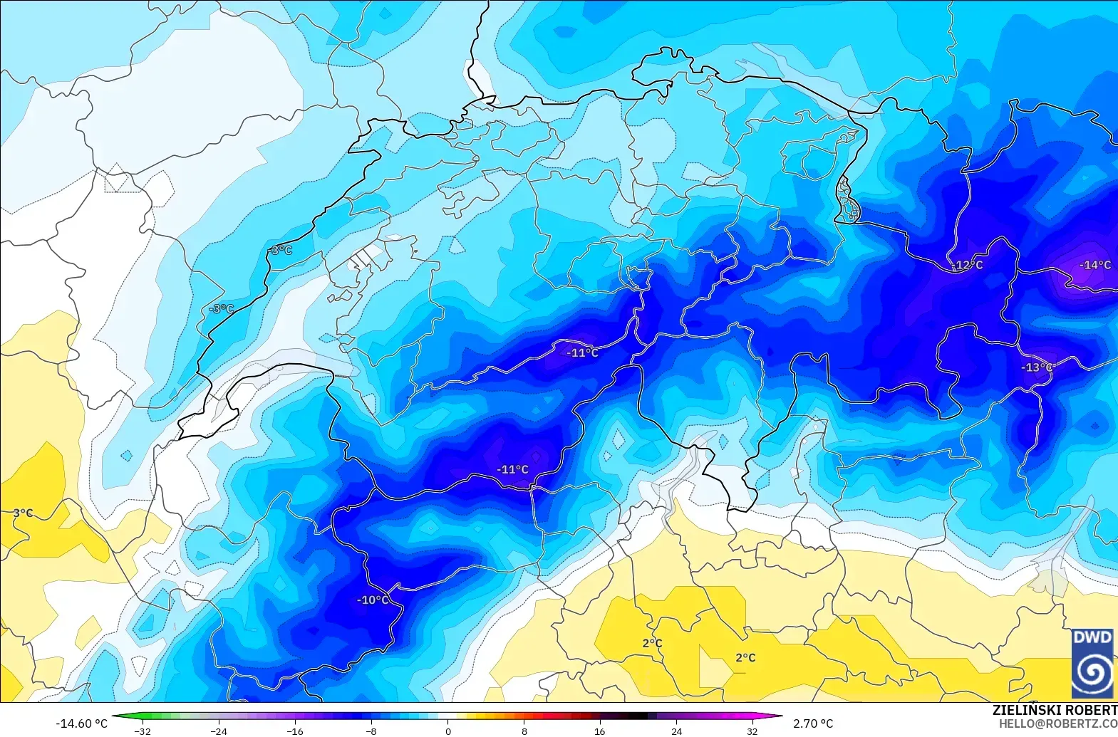 ICON modelo - Suiza, Anomalía de temperatura a 850 hPa