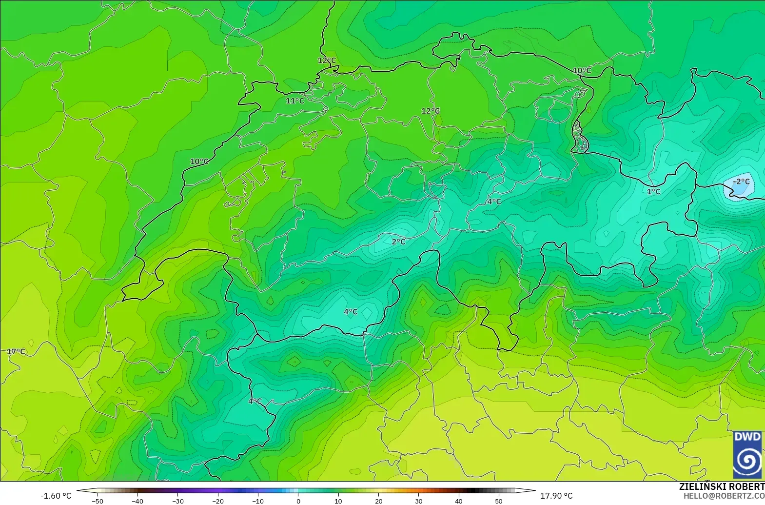 ICON modelo - Suiza, Temperatura a 850 hPa