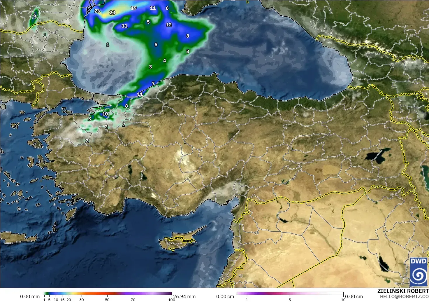 ICON modelo - Turquía, Precipitación, nubes y presión