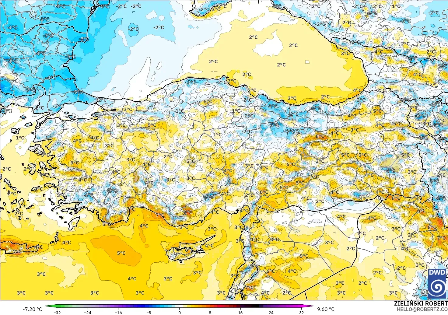 ICON modelo - Turquía, Anomalía de temperatura a 2 m