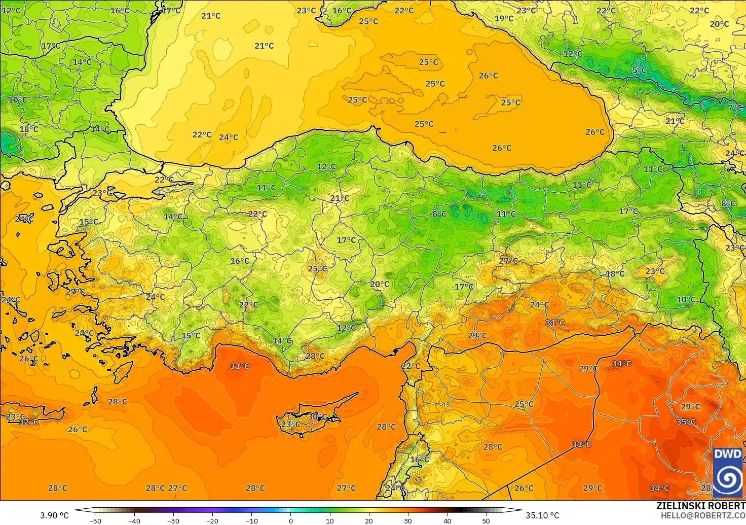 ICON modelo - Turquía, Temperatura a 2 m