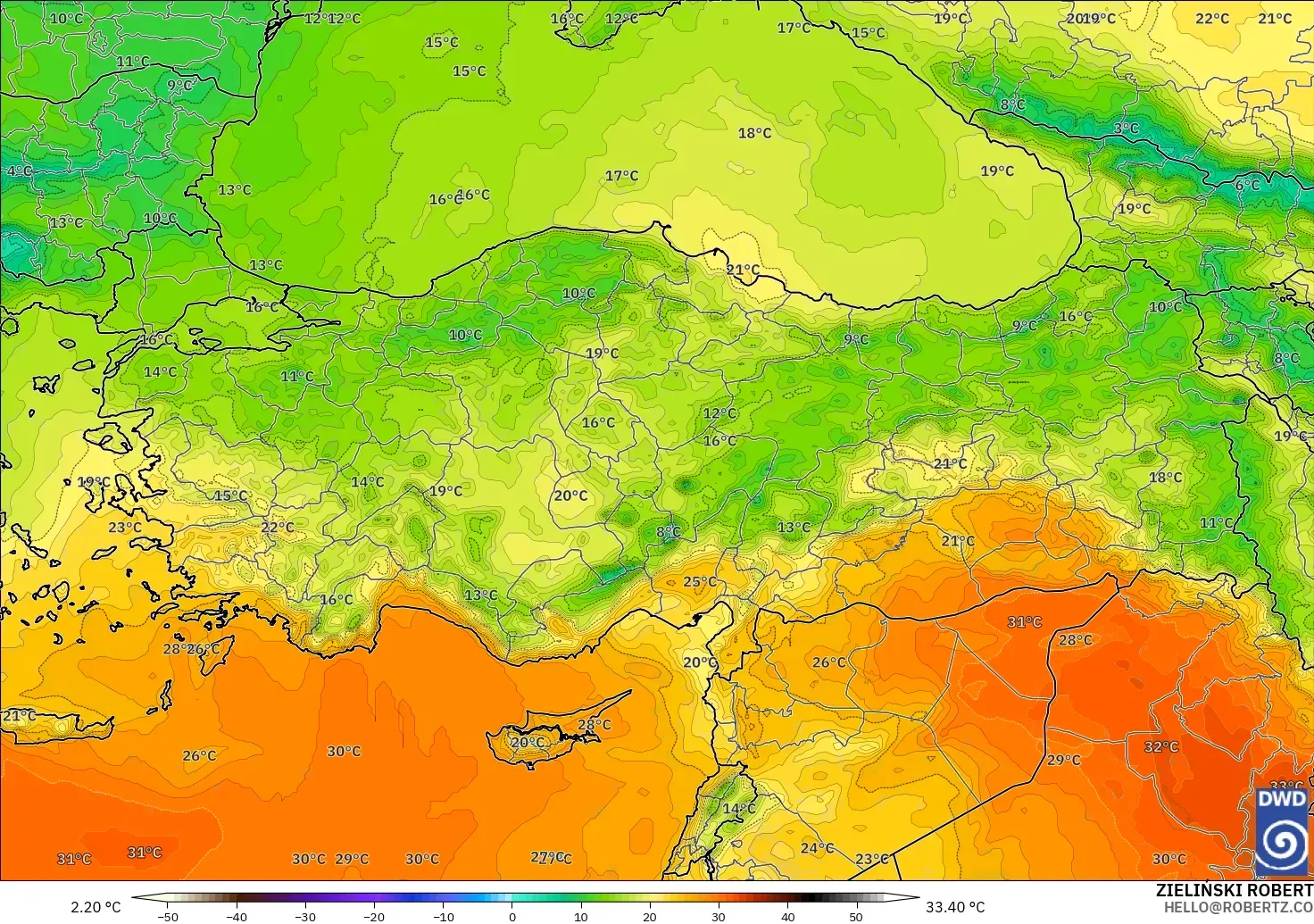ICON modelo - Turquía, Temperatura a 850 hPa