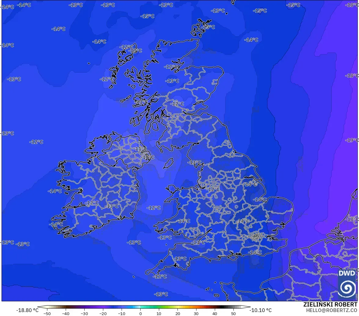 ICON modelo - Reino Unido, Temperatura a 500 hPa