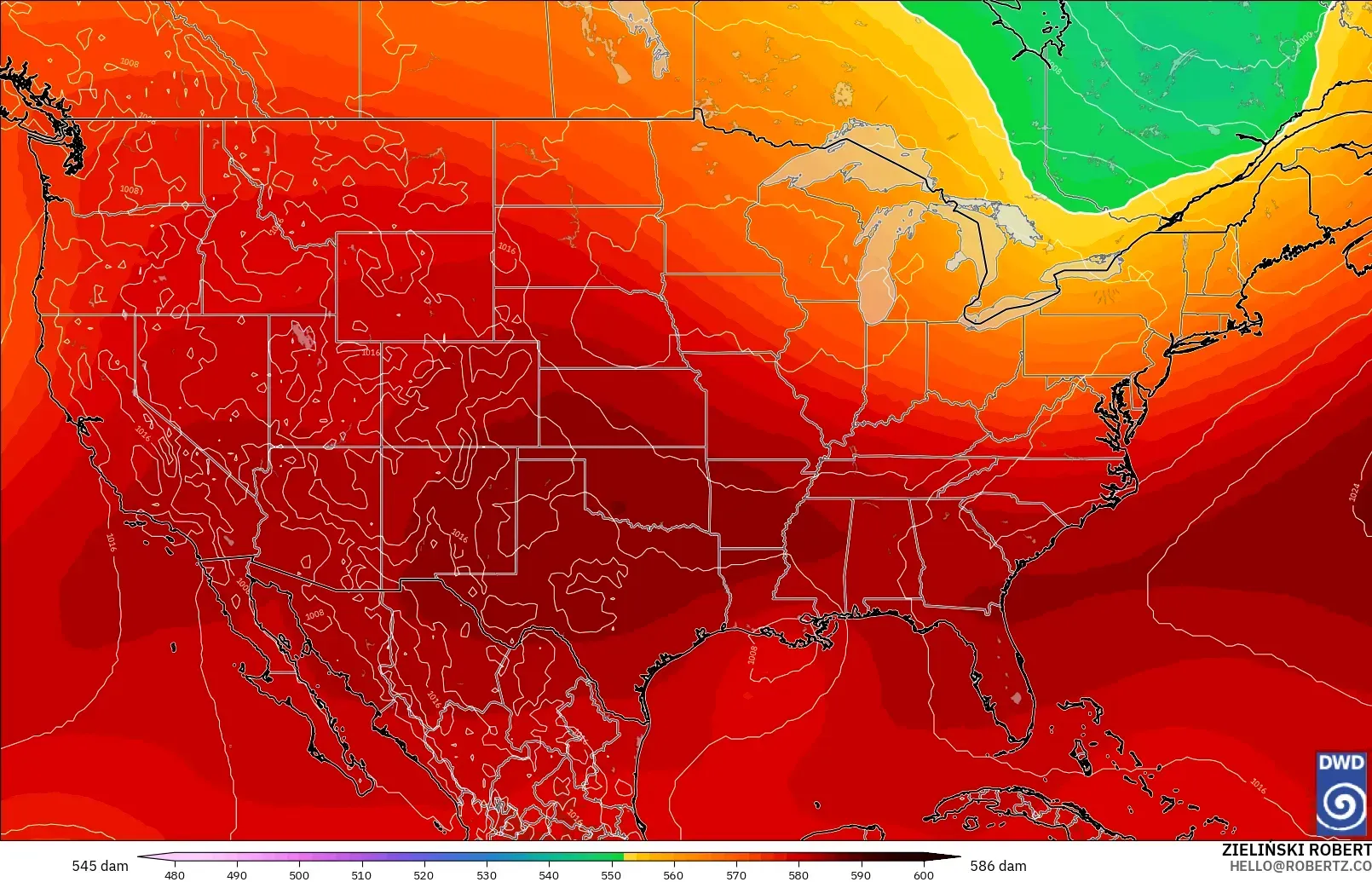 ICON modelo - Estados Unidos, Altura geopotencial a 500 hPa