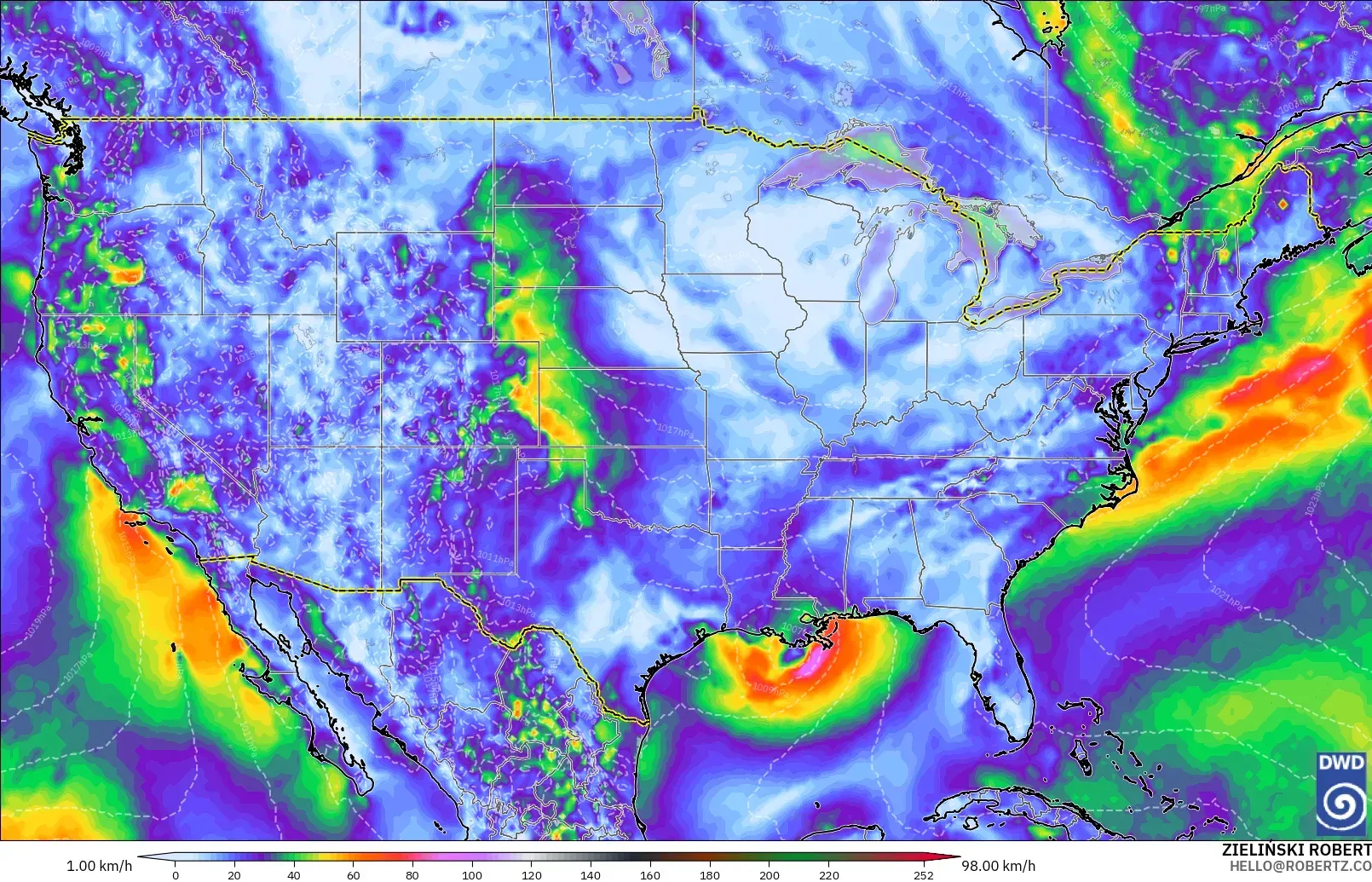 ICON modelo - Estados Unidos, Ráfagas de viento