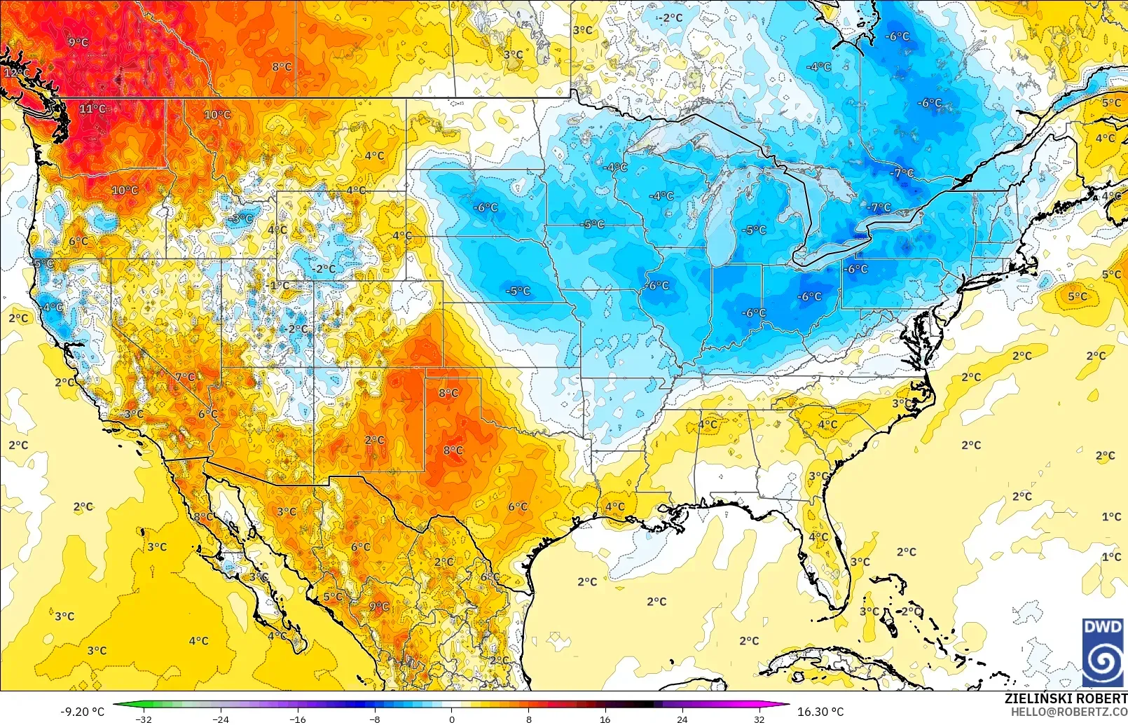 ICON modelo - Estados Unidos, Anomalía de temperatura a 2 m