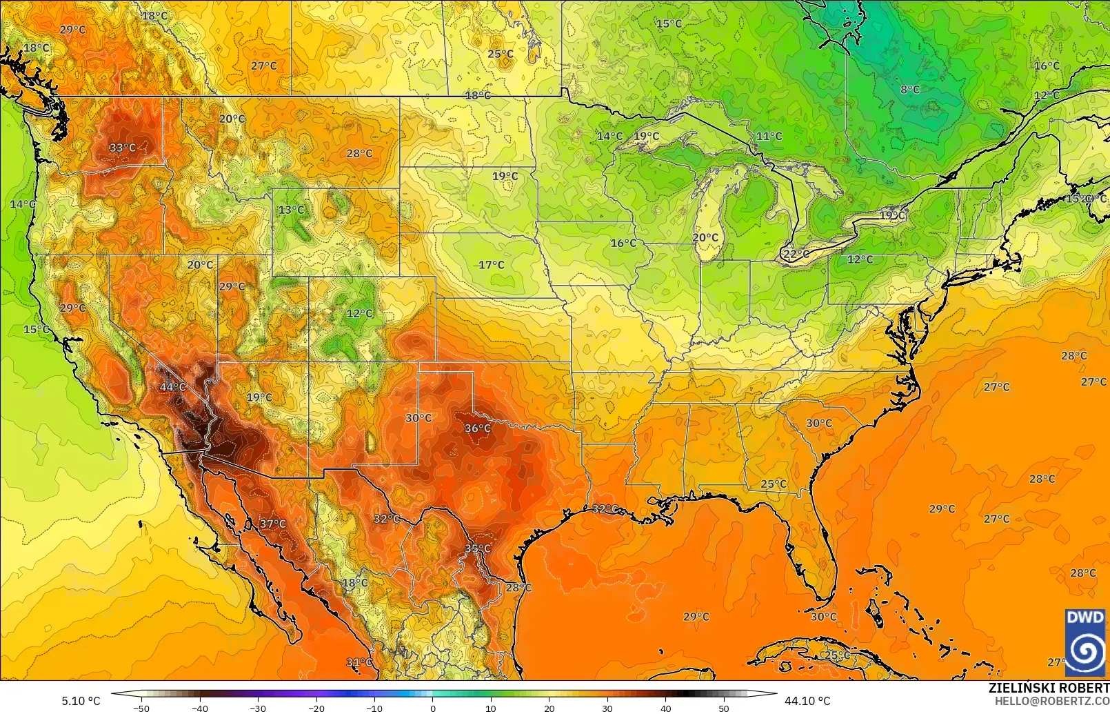 ICON modelo - Estados Unidos, Temperatura a 2 m
