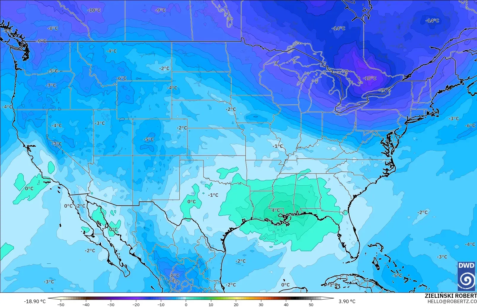 ICON modelo - Estados Unidos, Temperatura a 500 hPa