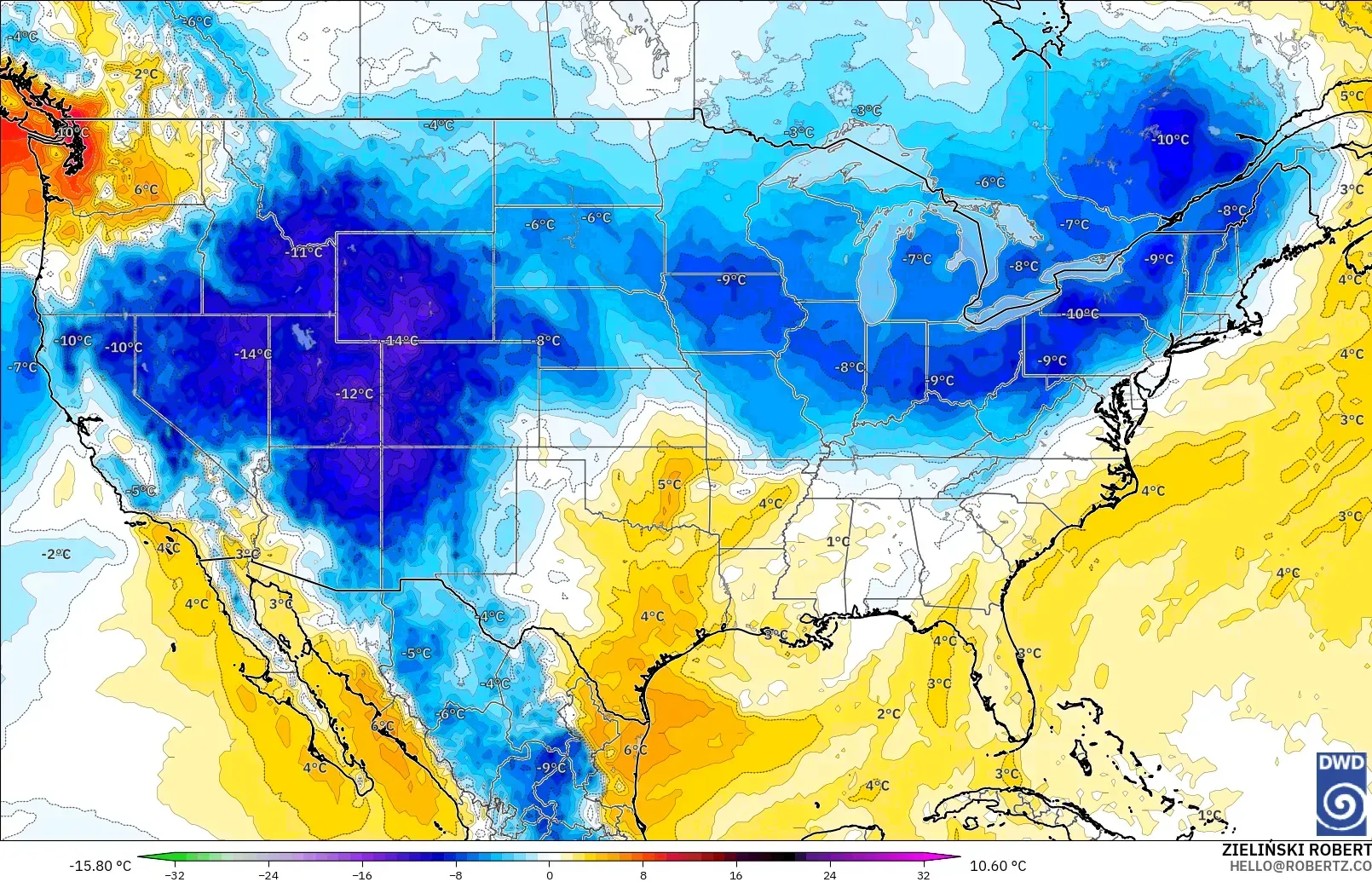 ICON modelo - Estados Unidos, Anomalía de temperatura a 850 hPa