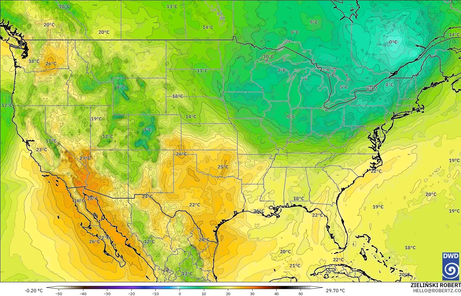 ICON modelo - Estados Unidos, Temperatura a 850 hPa