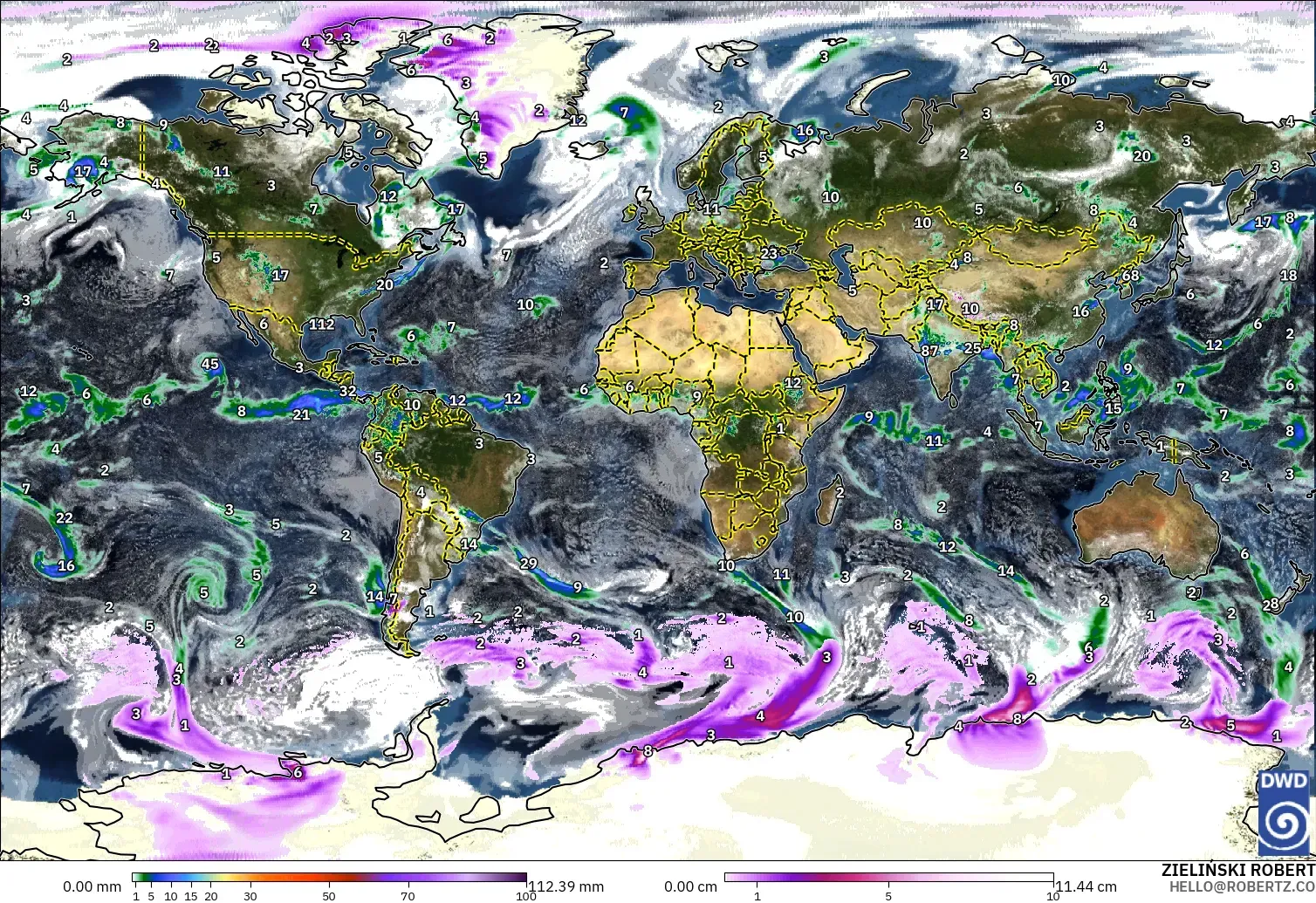 ICON modelo - Mundo, Precipitación, nubes y presión