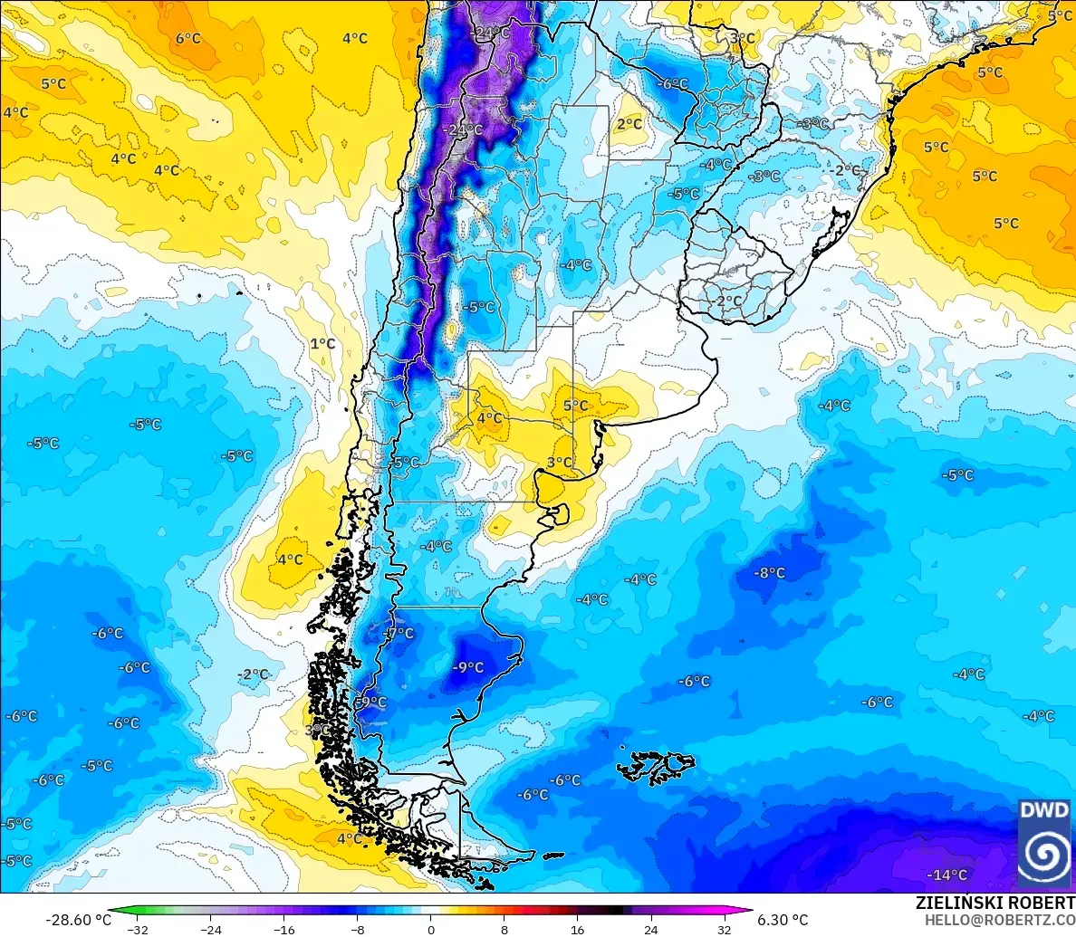 ICON modelo - Argentina, Anomalía de temperatura a 850 hPa