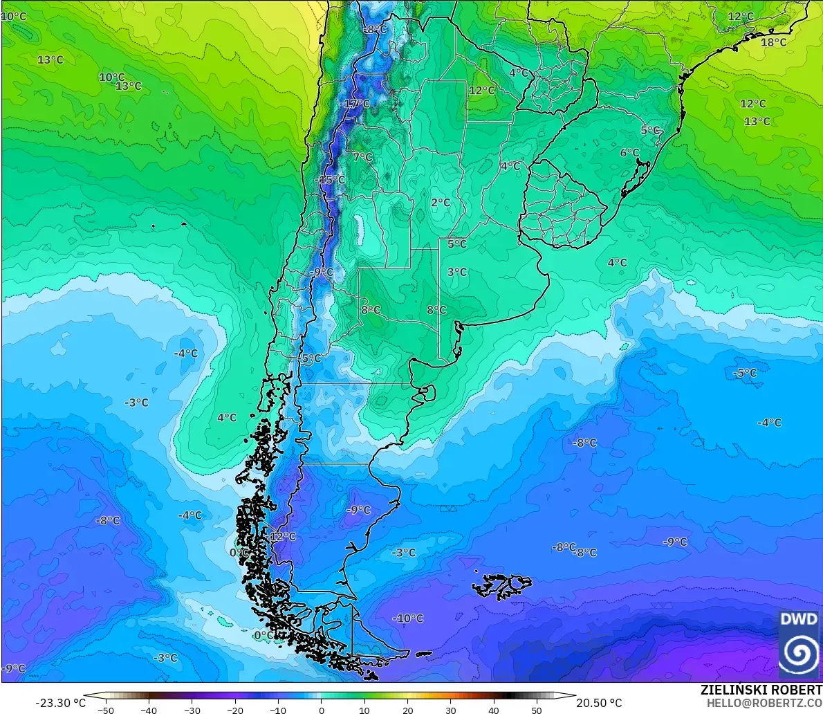 ICON modelo - Argentina, Temperatura a 850 hPa