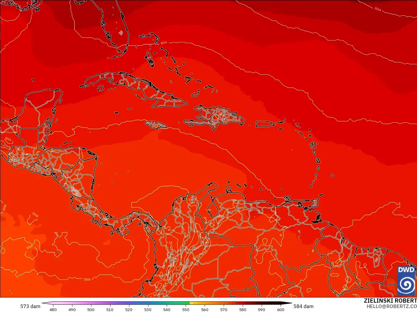 ICON modelo - Caribe, Altura geopotencial a 500 hPa
