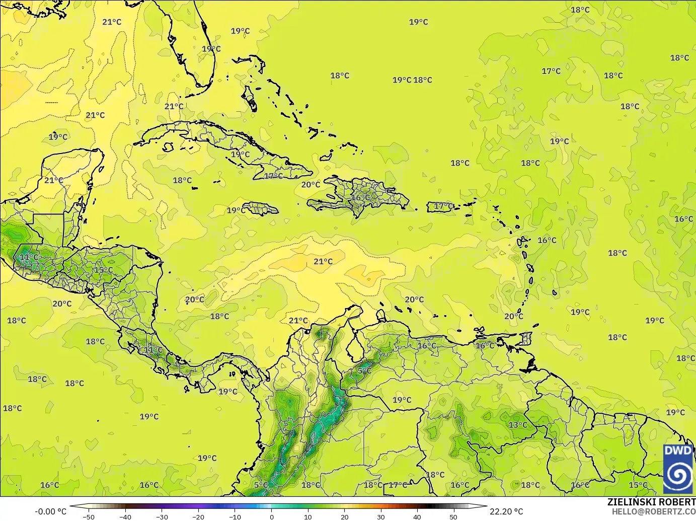 ICON modelo - Caribe, Temperatura a 850 hPa