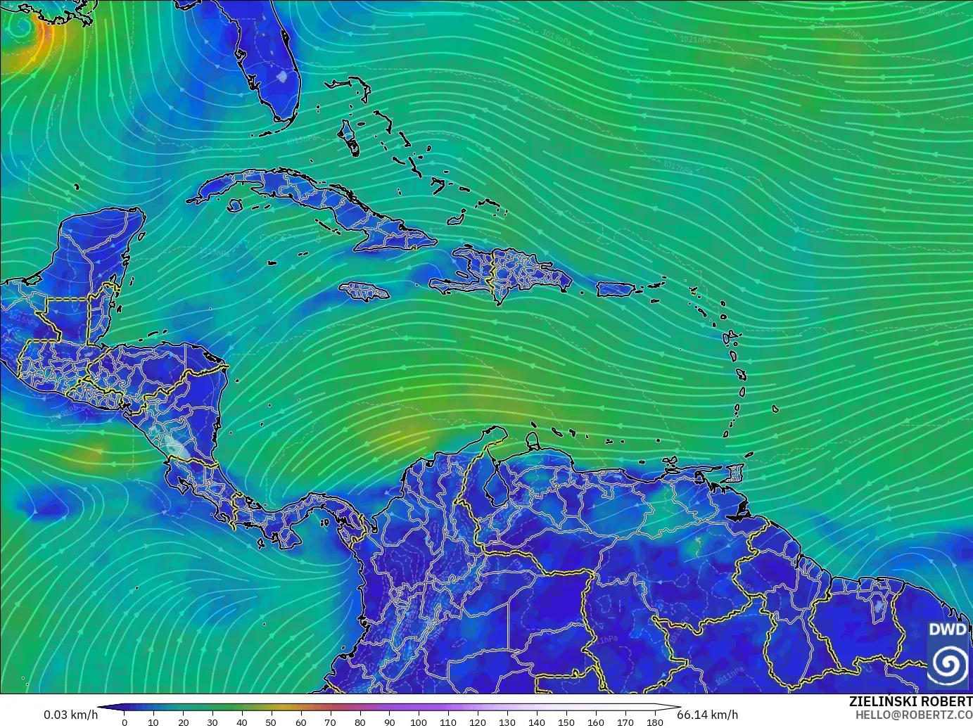 ICON modelo - Caribe, Viento a 10 m