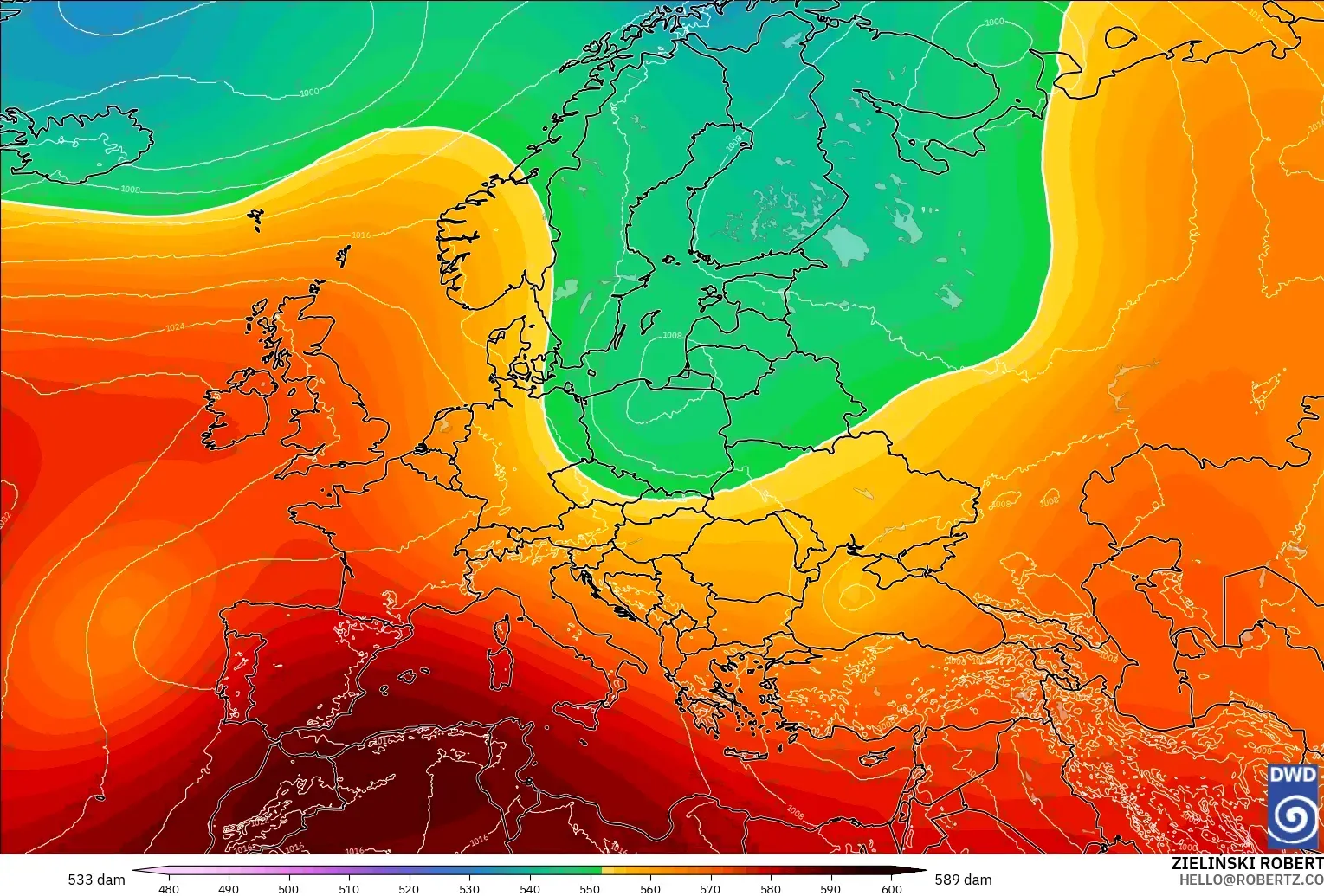 ICON modelo - Europa, Altura geopotencial a 500 hPa