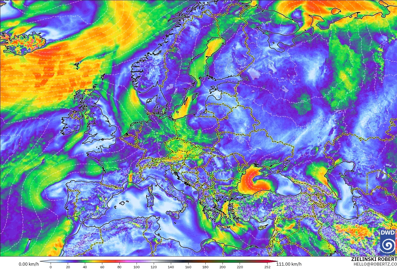 ICON modelo - Europa, Ráfagas de Viento Máximas