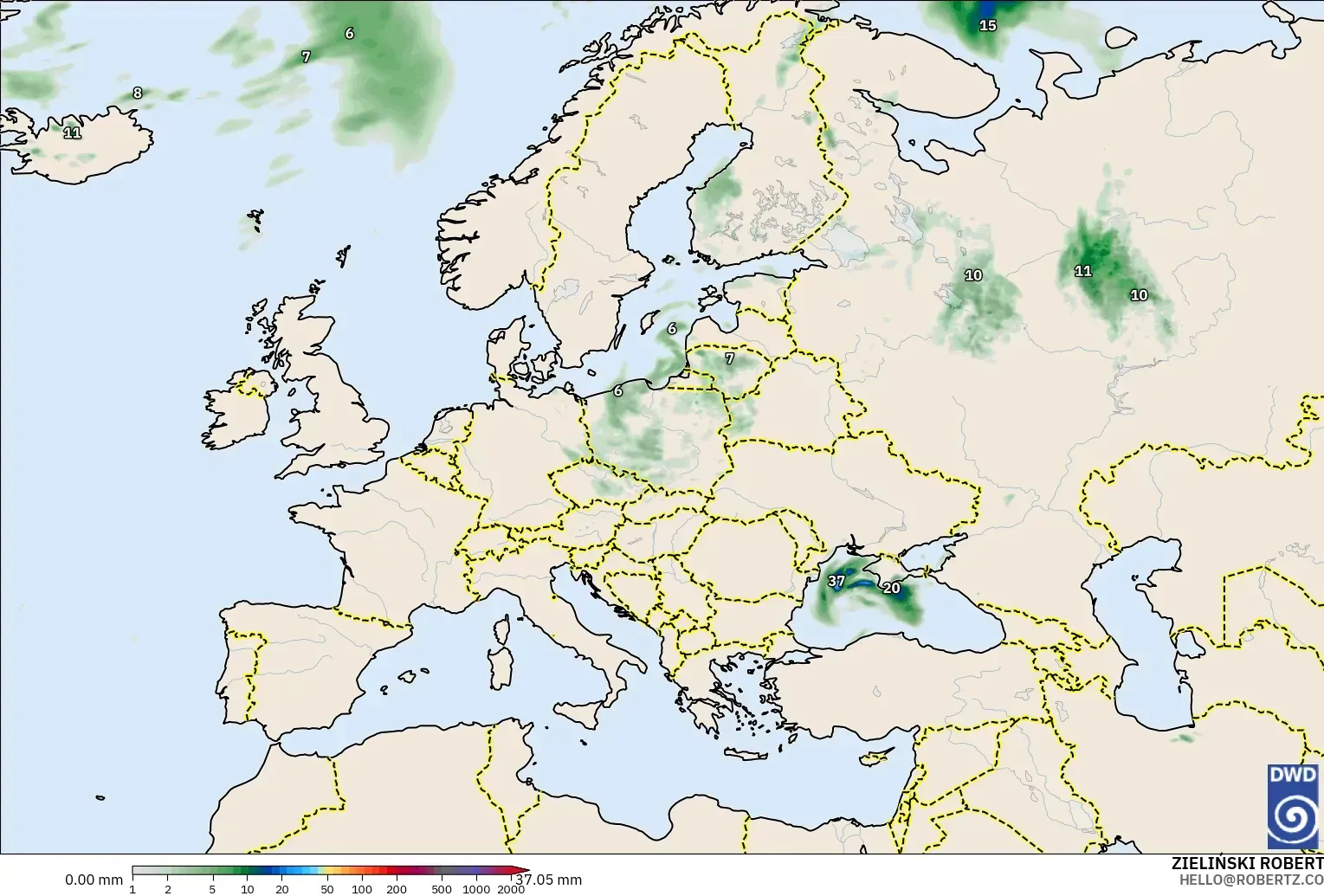 ICON modelo - Europa, Acumulación de precipitación