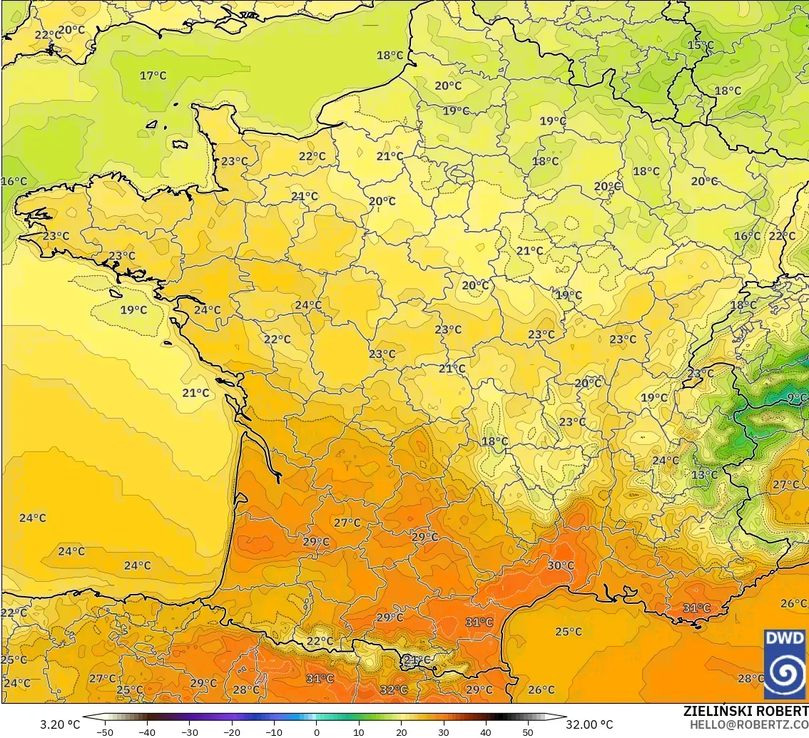 ICON modelo - Francia, Temperatura a 2 m