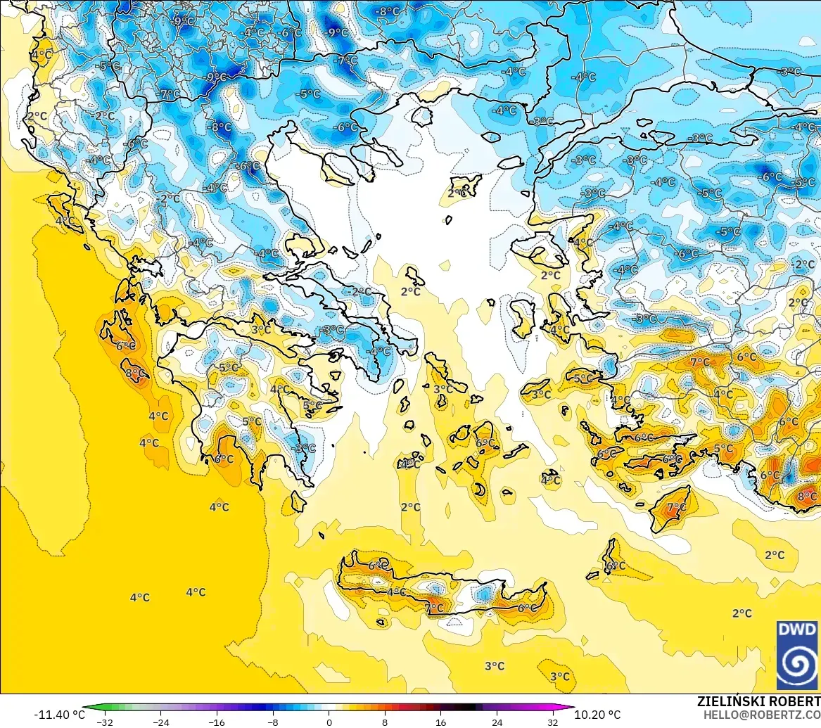 ICON modelo - Grecia, Anomalía de temperatura a 2 m
