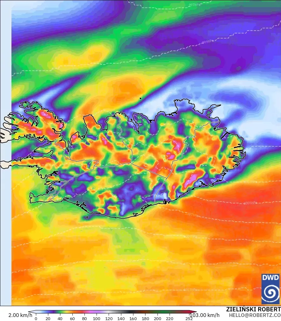 ICON modelo - Islandia, Ráfagas de viento
