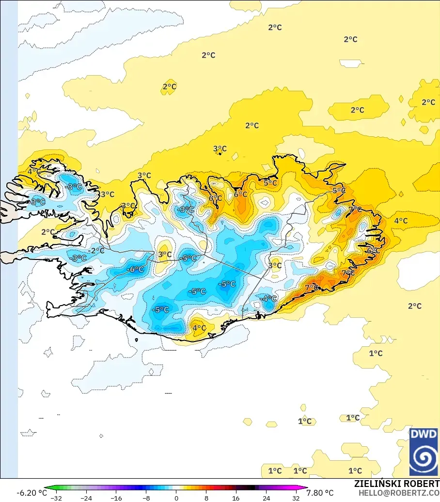 ICON modelo - Islandia, Anomalía de temperatura a 2 m