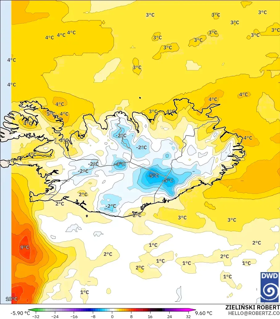 ICON modelo - Islandia, Anomalía de temperatura a 850 hPa