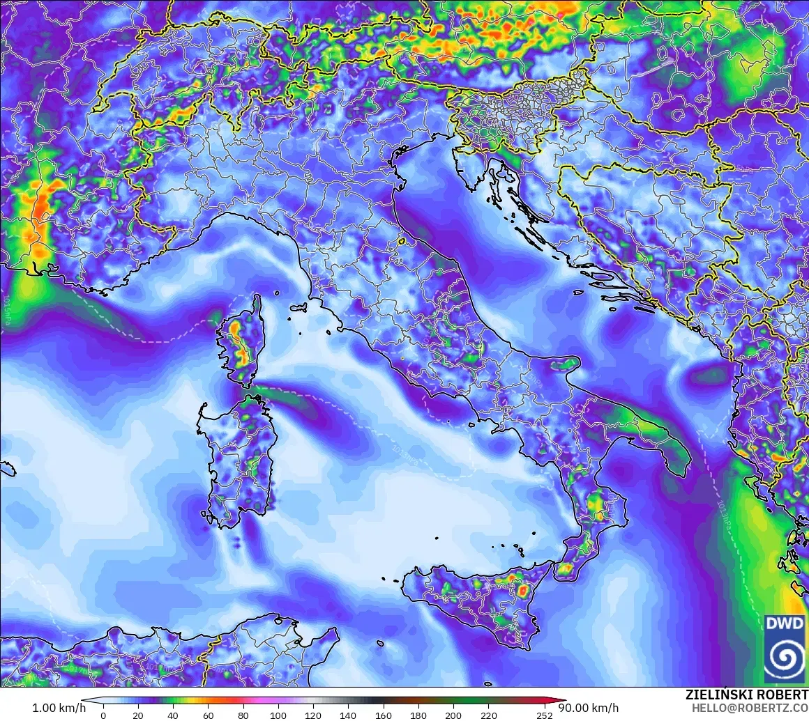 ICON modelo - Italia, Ráfagas de Viento Máximas