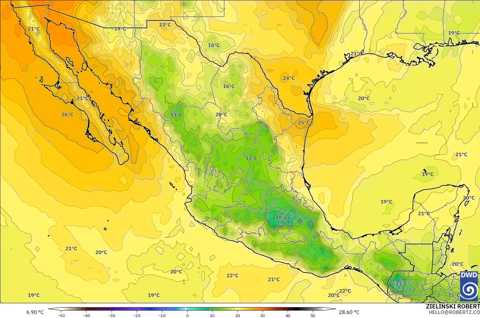 ICON modelo - México, Temperatura a 850 hPa